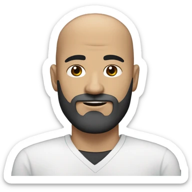 white man, with olive skin, a full black beard with some grays, bald, strong eyebrows, dark-brown eyes, smirk sticker