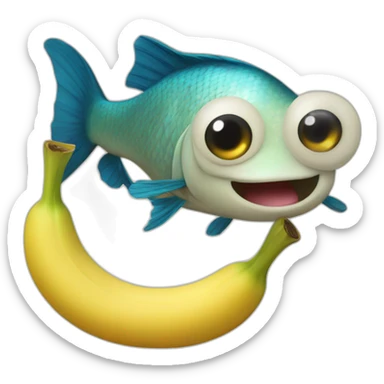 A fish with legs swims on a banana sticker