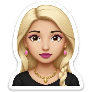 Sweet Indian girl blond long hair darkbrow  eyes brown/pink lipstick blush, black top gold earrings brown eyebrows  sticker