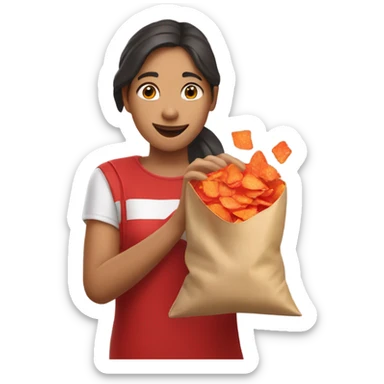 A girl reaching her right hand into a bag of red crisps sticker