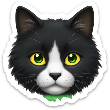 A black fluffy cat with green-yellow goaz and a white chin sticker