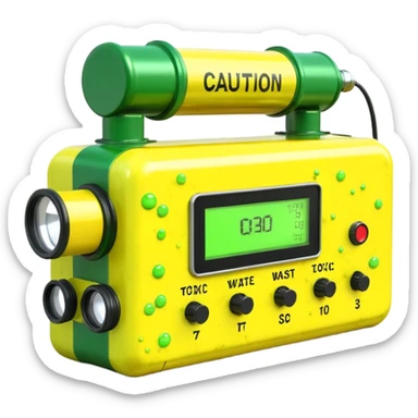 3D render of Geiger Counte, toxic waste aesthetic, neon green bubbling liquid, caution yellow metal, industrial warning texture. sticker