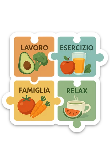 Puzzle (Lavoro, Esercizio, Famiglia, Relax), and healthy foods are integrated into each piece. in italiano sticker
