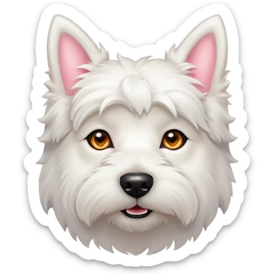 Cinematic Cute West Highland White Terrier Portrait Emoji, Head tilted playfully and inquisitively, featuring a fluffy, immaculate white coat with perky ears, round, sparkling dark eyes filled with curiosity, Simplified yet irresistibly adorable features, highly detailed, glowing with a warm, friendly glow, high shine, affectionate and lively, stylized with a touch of whimsy, bright and endearing, soft glowing outline, capturing the essence of a mischievous yet loving pup, so playful it feels like it could bound out of the screen and into your arms! sticker