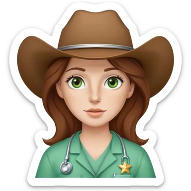 Pale Woman with brown hair and green eyes and freckles on her cheek bones wearing scrubs and a cow girl hat sticker