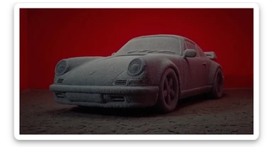 Medium shot of a porsche 911 made of carpet, red solid studio background, top soft light sticker
