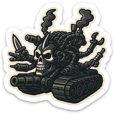 Edit the skull robot tank to have 4 distinct appendages, each holding a different weapon: an industrial blade, a blaster, a syringe, and a claw. Color it like a Jolly Roger flag with a black tank, white skull face and arms, bold contrast, and minimal accent color. Keep compact proportions, clear mechanical detail, retro stickers style with clean outline and transparent background. sticker