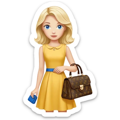 Blonde woman with blue eyes side part should length wavy hair carrying a lv handbag in a yellow dress sticker