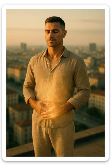 A cinematic portrait of a calm and composed man in his mid-30s, with light stubble and a defined jawline, standing alone on a rooftop at sunrise overlooking a quiet modern city. He’s wearing minimalist, earth-toned clothing — a linen shirt loosely buttoned, neutral joggers, barefoot. His hands rest gently over his abdomen in a meditative posture, eyes half-closed, reflecting clarity and focus. The early morning light bathes his face and body in soft gold, symbolizing renewal and healing. Around him, the city is still asleep, with only faint traces of life below. The air feels clean and silent. Subtle glow effects radiate gently from his chest and abdomen, suggesting internal regeneration. 35mm film style, shallow depth of field, realistic human textures and cinematic color grading with warm and natural tones. sticker
