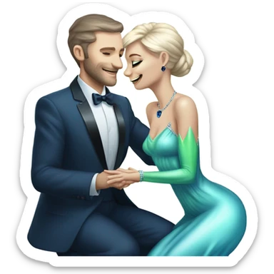 alien reptilian green skin woman, in long slim pastel blue formal party satin dress with gradient shiny sparkling navy blue diamonds embroidered , and caucasian man in black dres on his knees asks her to marry her sticker