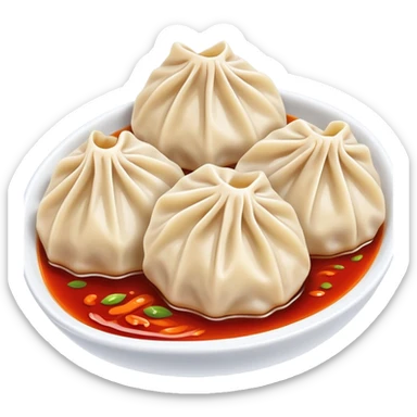 Chengdu Zhong dumplings with red oil sauce, simplified emoji style with bold outlines and bright colors, cartoon style Sichuan spicy water dumplings sticker