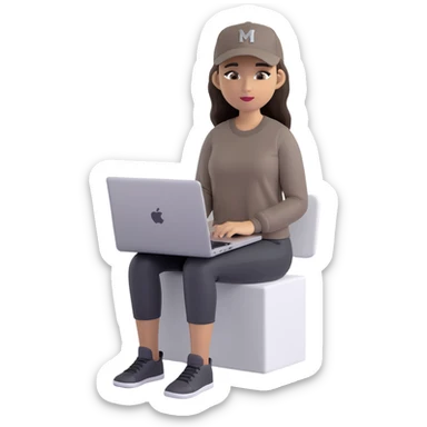 A professional 3D avatar of a young woman with olive skin and long, dark brown hair, wearing a dark, long-sleeved dark taupe shirt and a black baseball cap. She's sitting at a sleek wooden desk, typing on a silver MacBook. sticker