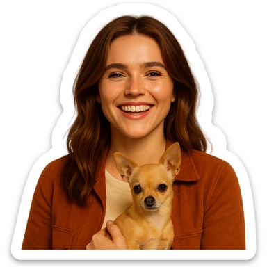 Portrait centered for Instagram profile picture, inspired by the facial features visible in the reference images, with a tanned complexion, subtle freckles, shirt color #FFF8CA, rust-colored jacket, medium-length brown hair with auburn highlights, euphoric and radiant expression, holding a beige-brown chihuahua, Netflix series style, transparent background, intimate Tenerife ambiance. sticker