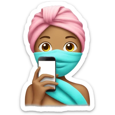 Woman holding a cell phone and wearing a towel on her head  sticker