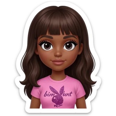 doll body , dark brown eyebrows, dark skin girl,Long giant lashes, bimbo, black doll eyes, barbie, dark brown skin, with dark brown hair, big breast, pink 2000s t shirt says on the sparkling text “bimbo blunt” on playboy logo sticker