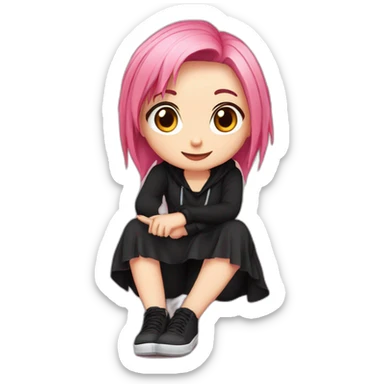 Full body Front view curvy emo girl pink hair sits on the floor straight view hands up black skirt полосатые рваные чулки sticker