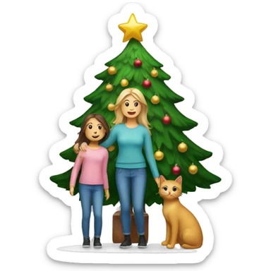 A mother, daughter & cat standing by a Christmas tree sticker