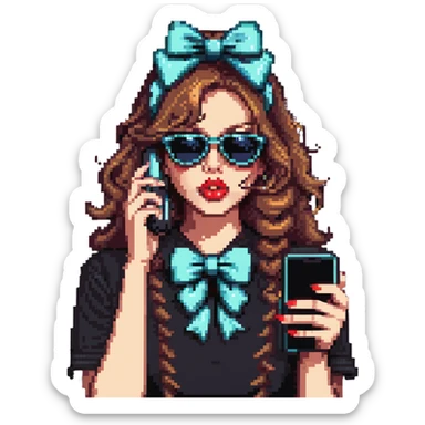 Girl with huge lips, sunglasses, bow on her hair, holding a phone with attitude sticker