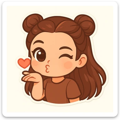 Create a chibi sticker of the girl blowing a kiss and winking, playful and sweet, featuring the double bun hairstyle as shown in the reference image. sticker
