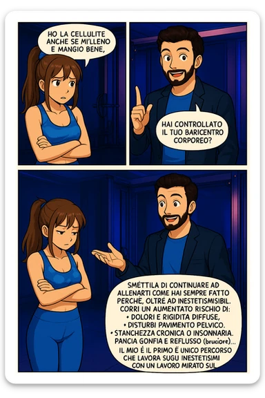 TRASFORMA QUESTO CAROSELLO IN UN FUMETTO STILE MANGA A COLORI CON QUESTE DUE PERSONE IDENTICHE CHE INTERLOQUISCONO TRA LORO:

LUI (UOMO): Smettila di continuare ad allenarti come hai sempre fatto perché, oltre ad inestetismi visibili, corri un aumentato rischio di:
    • dolori e rigidità diffuse
    • disturbi pavimento pelvico
    • stanchezza cronica o insonnia
    • pancia gonfia e reflusso (bruciore)
    • etc… sticker