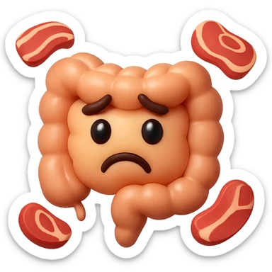 emoji stile iphone in 3d di un intestino triste con fette di carne che gli fluttuano intorno sticker
