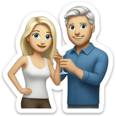 A white woman with brown eyes and blond medium long hair and a white man with blue eyes and grey hair, toasting with a glass of white wine sticker