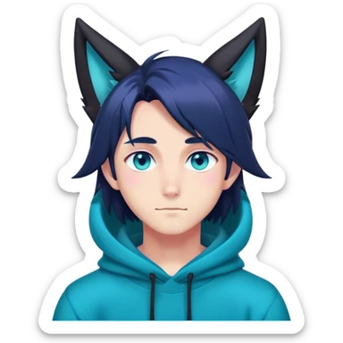 anime man with straight long dark-blueish-black-gradient hair, long black fox ears with pink Scapha, turquoise eyes, dark-blue-sweater sticker