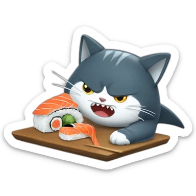 a very angry cat eating a sushi shark sticker