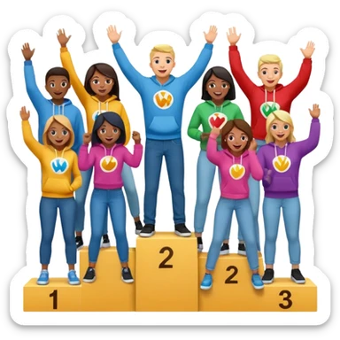 multi-racial group on an un-numbered winners’ podium, middle step higher, all in colorful jeans, t-shirts, and hoodies, excited, fun, expressive emoji style sticker