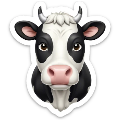 Cinematic Noble Black and White Cow Portrait Emoji, Poised and regal, with a large, sturdy build and a striking, well-groomed coat of pure black accented by crisp white patches, deep-set soulful brown eyes, Simplified yet sharp and sophisticated features, highly detailed, glowing with a soft, dignified glow, high shine, intelligent and calm, stylized with an air of modern elegance, focused and attentive, soft glowing outline, capturing the essence of a watchful and confident bovine guardian, so majestic it feels as though it could stride out of the screen with effortless authority! sticker