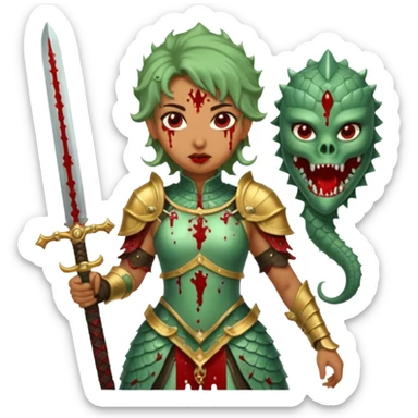 Fierce Latina in armor with a sword after a battle cutting off the head of a hydra sticker