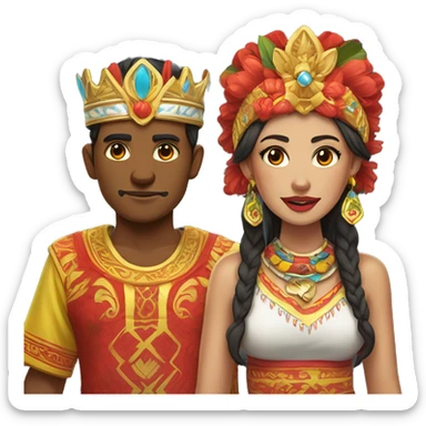 The male has a red face and fierce features, the female a white face and soft features. Both wear vibrant Betawi clothing and tall, crown-like headdresses with colorful decorations. sticker