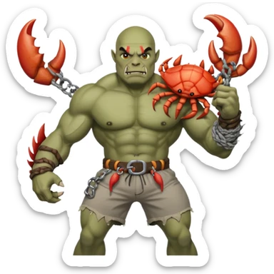 orc male flexing with giant crab. Torn net shorts, claw trophy belt sticker