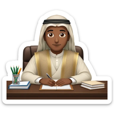 Saudi man in traditional attire sitting at a desk sticker
