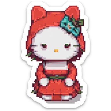 Hello Kitty sitting pose red dress classic look minimal details pixel art slightly different facial expression sticker