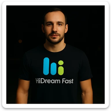 man wearing tshirt with this logo, dark night background with dim , add fast below logo, make man fit into image, add fast insead pf the dev keep rest same sticker