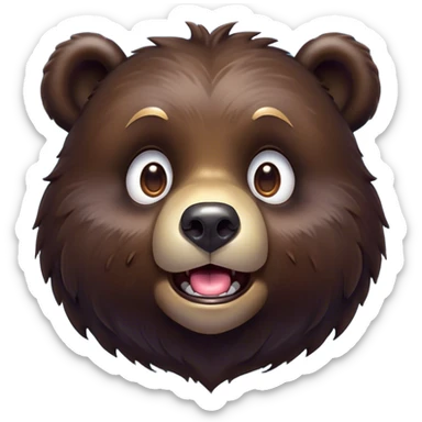 Cinematic Comical Bear Portrait Emoji, Head tilted dramatically with an exaggeratedly amused expression, featuring a striking, glossy dark brown fur with bold fur texture, wide, expressive eyes filled with playful disbelief, Simplified yet hilariously expressive features, highly detailed, glowing with a slightly sassy glow, high shine, dramatic yet playful, stylized with an air of cheeky wilderness mischief, bright and endearing, soft glowing outline, capturing the essence of a spirited and over-the-top bear, so meme-worthy it feels like it could roar its way into internet fame instantly! sticker
