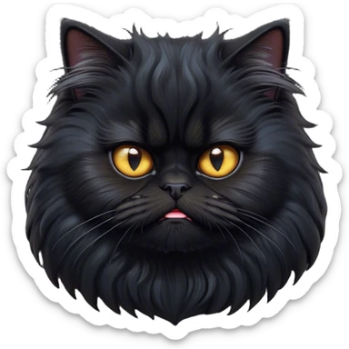 Cinematic Grumpy Frazzled Black Persian Cat Portrait Emoji, Head tilted with an exaggeratedly grumpy expression, fluffy black fur with hints of silver and deep undertones, Simplified yet hilariously frazzled features with large, expressive eyes, highly detailed, glowing with a warm but irritated glow, high shine, a mix of annoyed and disheveled, stylized with a touch of humor, bright but with a completely frazzled and grumpy face, soft glowing outline, capturing the essence of a quirky yet grumpy kitty, so endearing it feels like it could leap out of the screen and demand attention with its wonderfully grumpy, frazzled charm! sticker