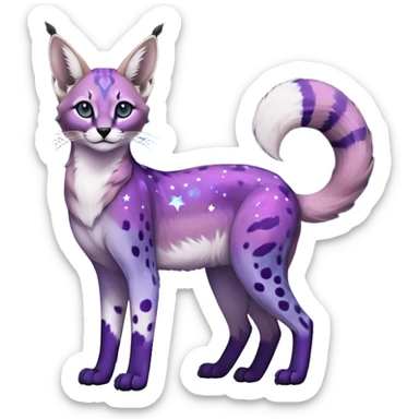 Colorful black-violet-indigo-purple-gradients nebulae nebula starry galactical shiny white-stars-spotted glorious iridescent divine exotic cute cool beautiful realistic caracal-genet-sergal-vernid-Cacomistle-Trico-oncilla-animal-Fakémon-hybrid-fursona (full body) sticker