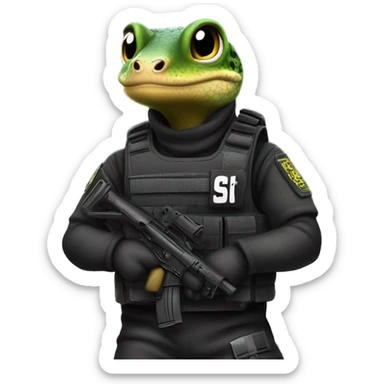 a gecko as an S.W.A.T member with a bulletproof vest which says S.W.A.T. sticker