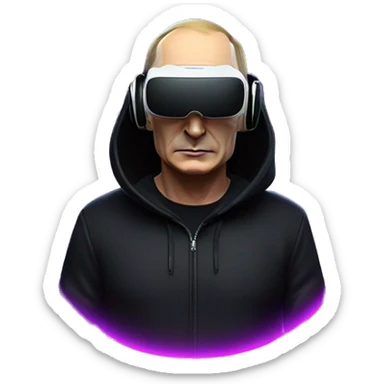 Vladimir Putin wearing a black hoodie with "OMG" letters on it and VR headset oculus quest 2 in a cyberpunk VR environment with violet neon lighting. sticker