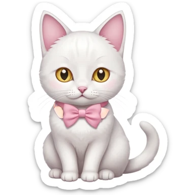 white cat sitting and she has a pink small bow on her right ear,she has golden eyes,she's fully white,even her ears,the only color is the pink small bow on her right ear,the cat is small sticker