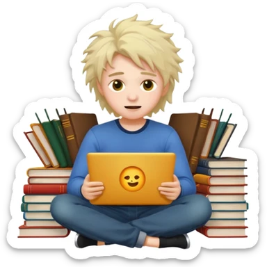 a student crashing out with the laptop on the lap and books on the side -  an emoji for the emoji keyboard  sticker