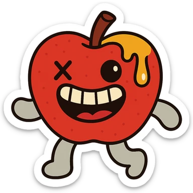 plush apple character with soft light grey limbs, left eye replaced by stitched X, golden ichor oozing from stem, wide toothy grin, no leaf sticker