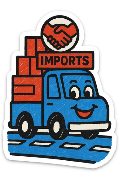 A cheerful icon of a truck driving on a highway with imported goods and a partnership symbol, using only colors #1E90FF, #F13816, and #FFFFFF sticker