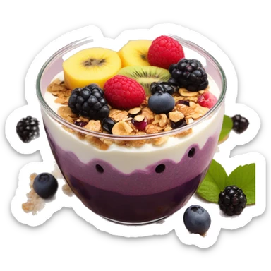 Açaí in a clear cup with layers of fruits and granola and condensed milk sticker
