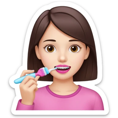 white brunette girl brushing teeth with pink toothpaste sticker