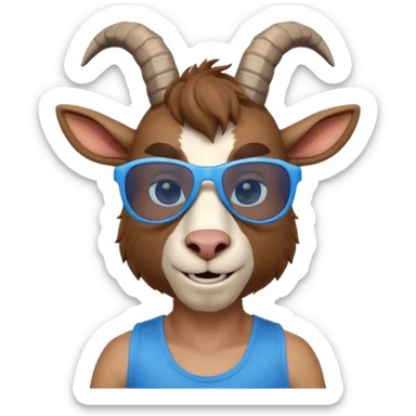 3D cartoon goat man portrait, head and shoulders, brown fur, small horns, blue reflective sunglasses, slight smile, tank top, soft lighting, centered, clean background, no text, no watermark
 sticker