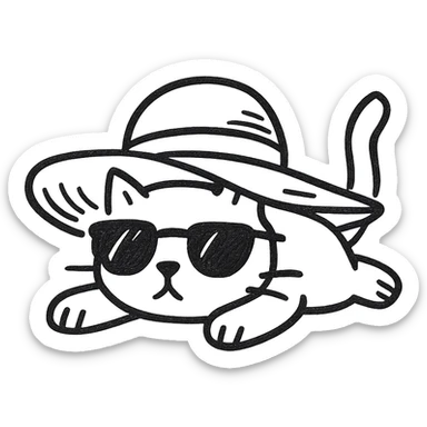 a cat in a summer panama hat with large brim, wearing sunglasses, lying on its stomach with its head resting on the ground sticker