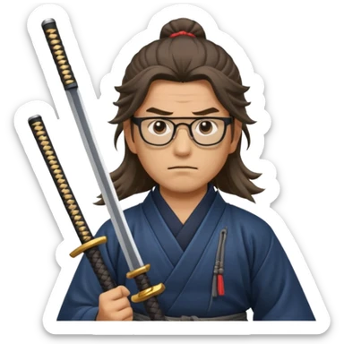 Long Haired Samurai with Glasses, Warrior with glasses cleaning katana sticker